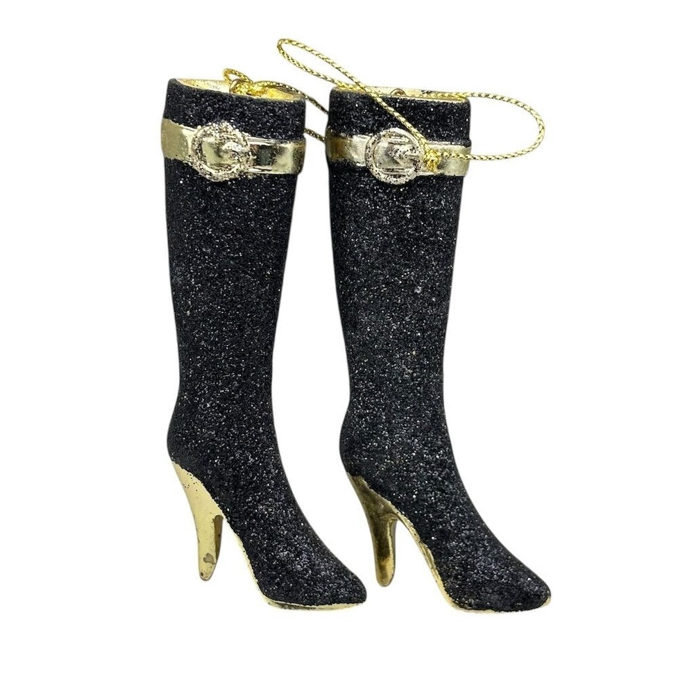 Pier 1 Vintage Black & Gold Glitter High Heelβ Boot Ornaments Set of 2